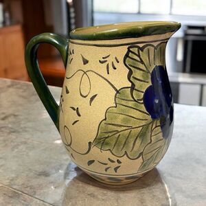 Vintage Hand Painted Water Tea Pitcher Grape Leaves Cluster Motif 6.5” Tall MCM